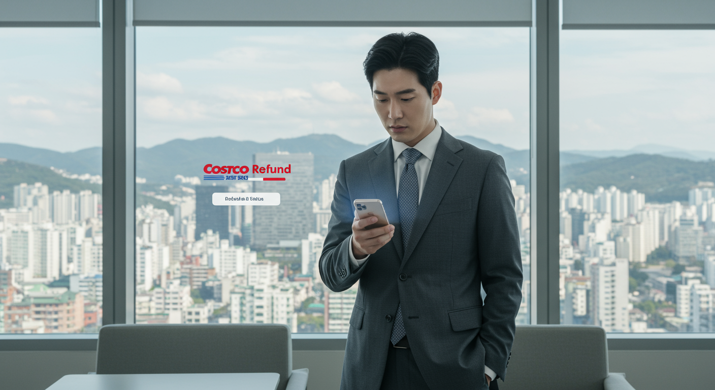 세련된 사무실 공간에서 스마트폰으로 코스트코 환급 상태를 확인하는 사업가의 모습