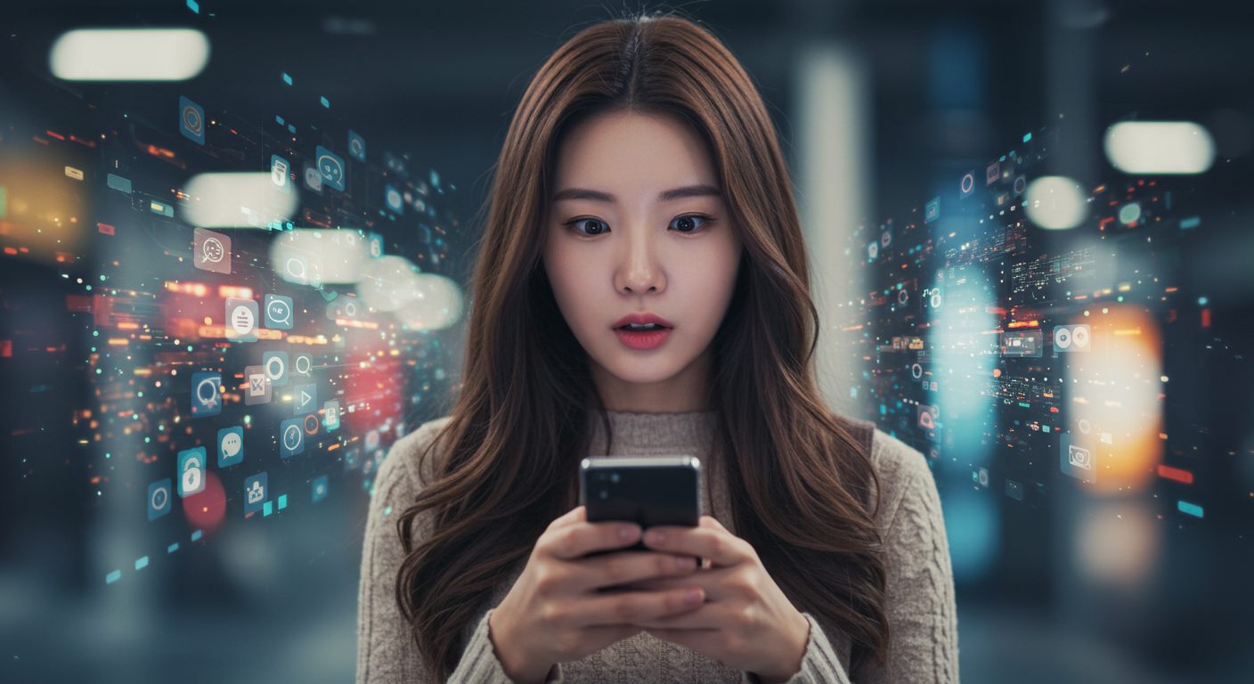 스마트폰으로 메시지를 보내는 한국 여성과 디지털 소통을 나타내는 배경 요소들