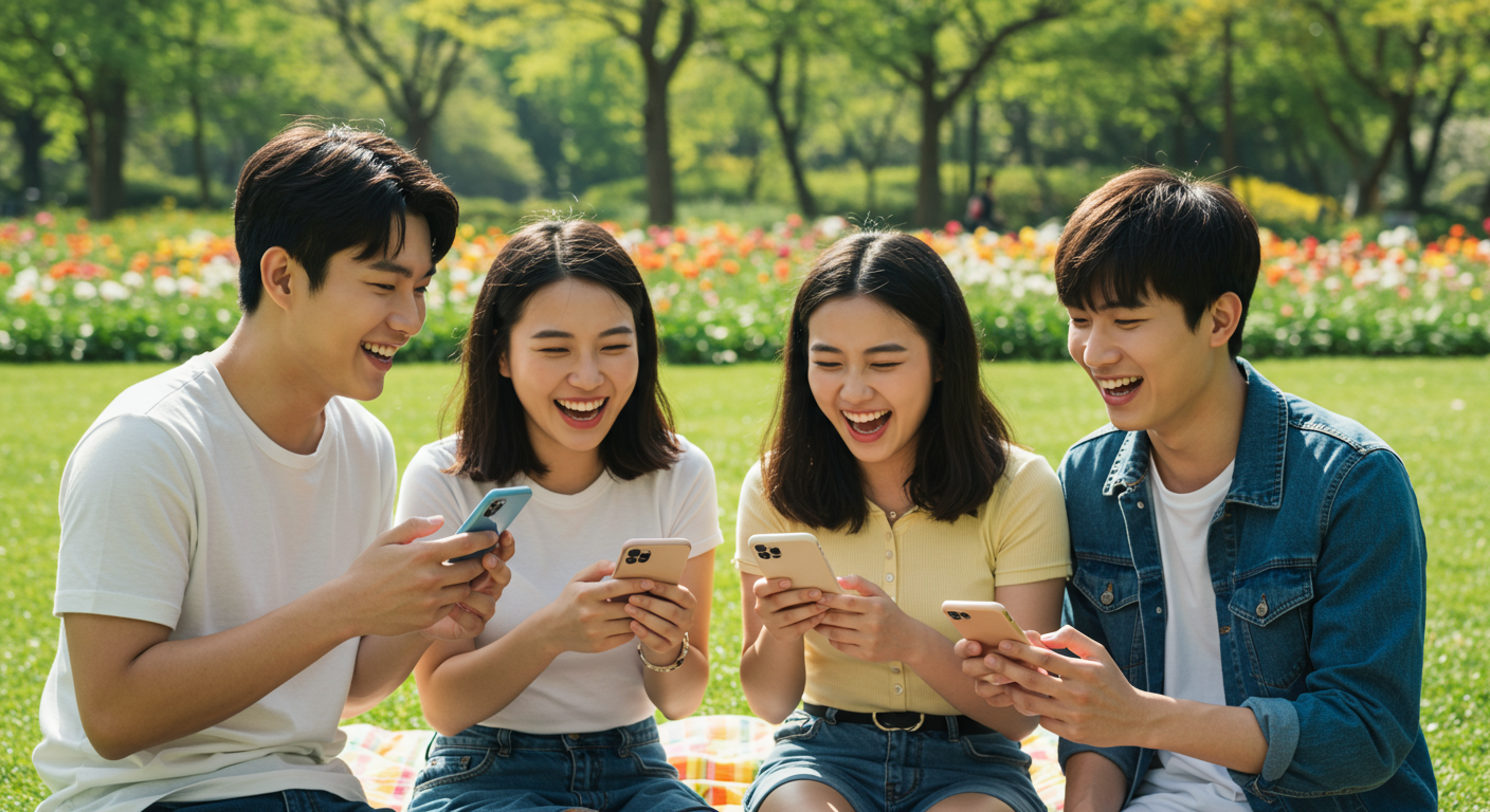 공원에서 스마트폰으로 언어유희형 퀴즈를 공유하며 반응하는 한국 청소년들