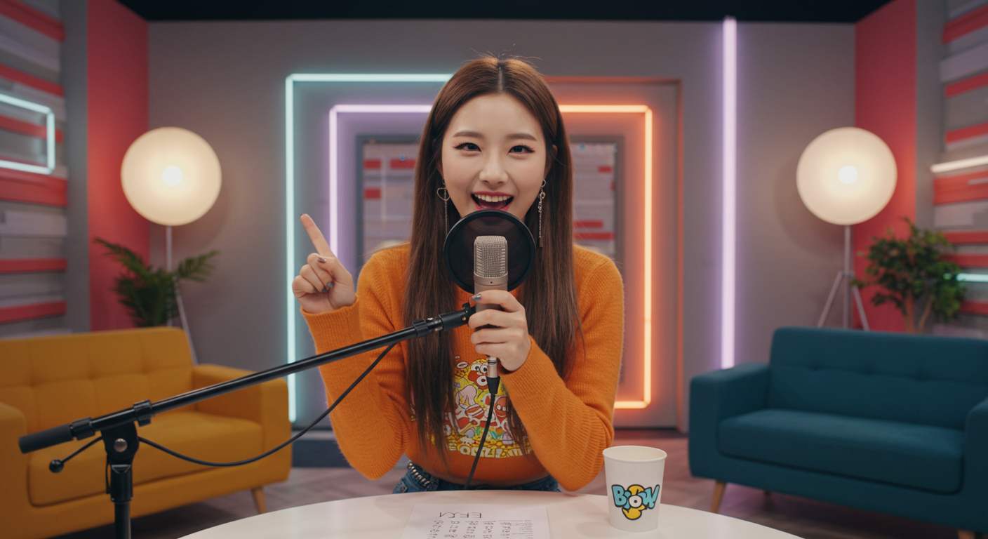 트렌디한 스튜디오에서 짧은 넌센스퀴즈 영상을 녹화하는 한국 인플루언서