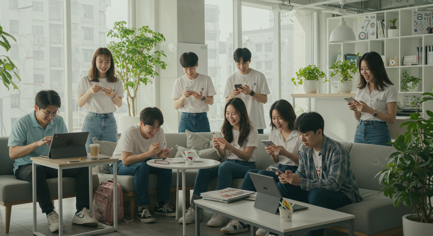 현대식 코워킹 스페이스에서 다양한 디바이스로 여러 플랫폼의 넌센스퀴즈에 참여하는 사람들