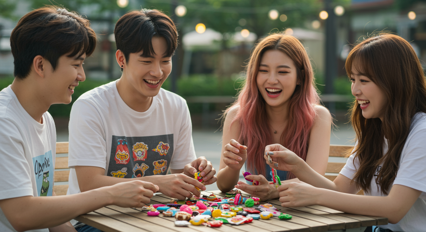 카페에서 세븐일레븐 지비츠를 교환하며 대화하는 젊은이들