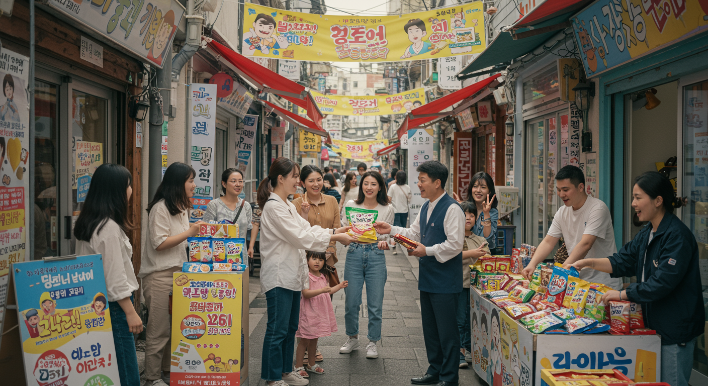 활기찬 한국 시장에서 사람들로 북적이는 한정판 칸쵸 구매 장면