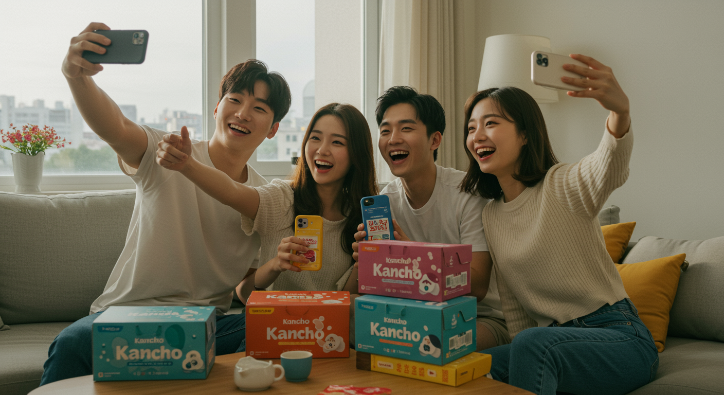 집에서 칸쵸 상자와 함께 셀카를 찍고 있는 젊은이들 모습