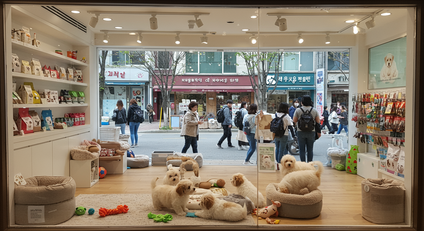 현대적인 애완동물 가게 창에 전시된 귀여운 꼬똥 드 툴레아 강아지들