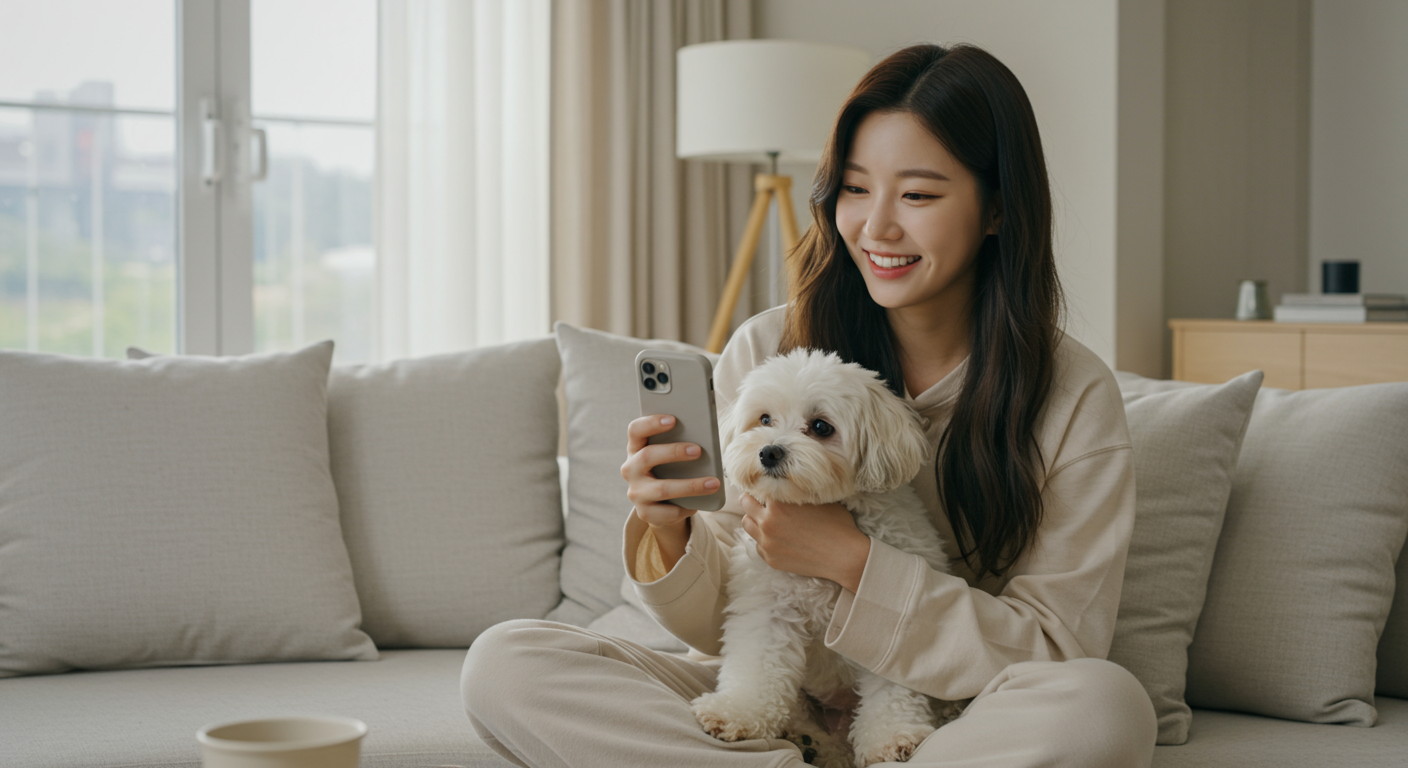 연예인이 거실에서 꼬똥 드 툴레아와 함께 SNS에 사진을 찍고 있는 모습