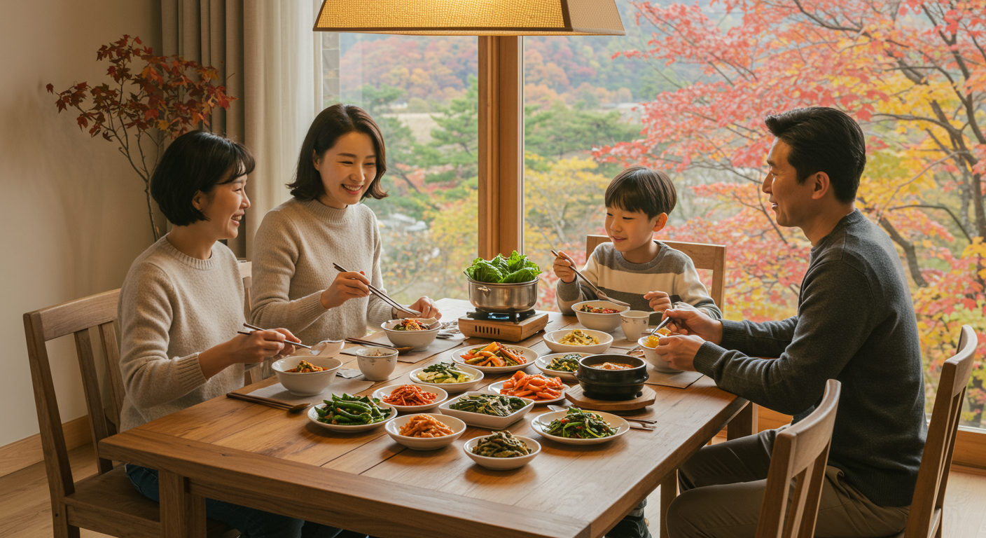 가을 풍경을 배경으로 현대적인 한국 가족이 하늘마 요리를 즐기는 모습