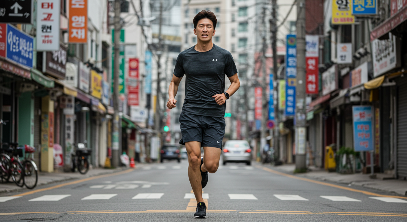 도심 속 큰 보폭으로 달리며 균형을 잡으려 애쓰는 러너의 모습
