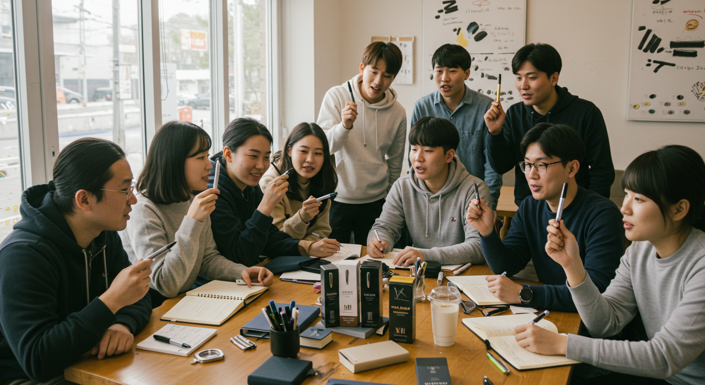 캐주얼한 모임에서 세일러 프로기어 펜의 컴팩트함을 공유하는 학생들과 직장인들