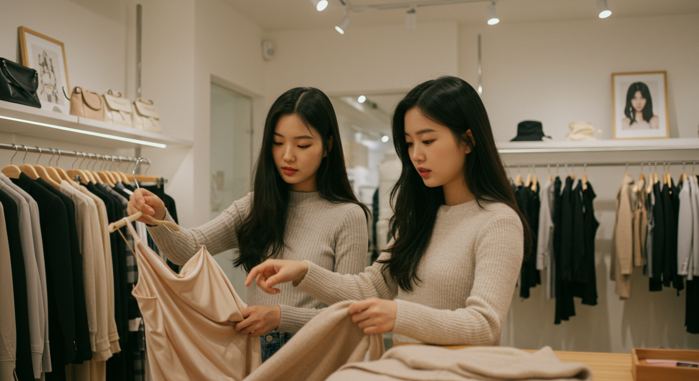 젊은 여성이 패션 아이템을 둘러보는 장면