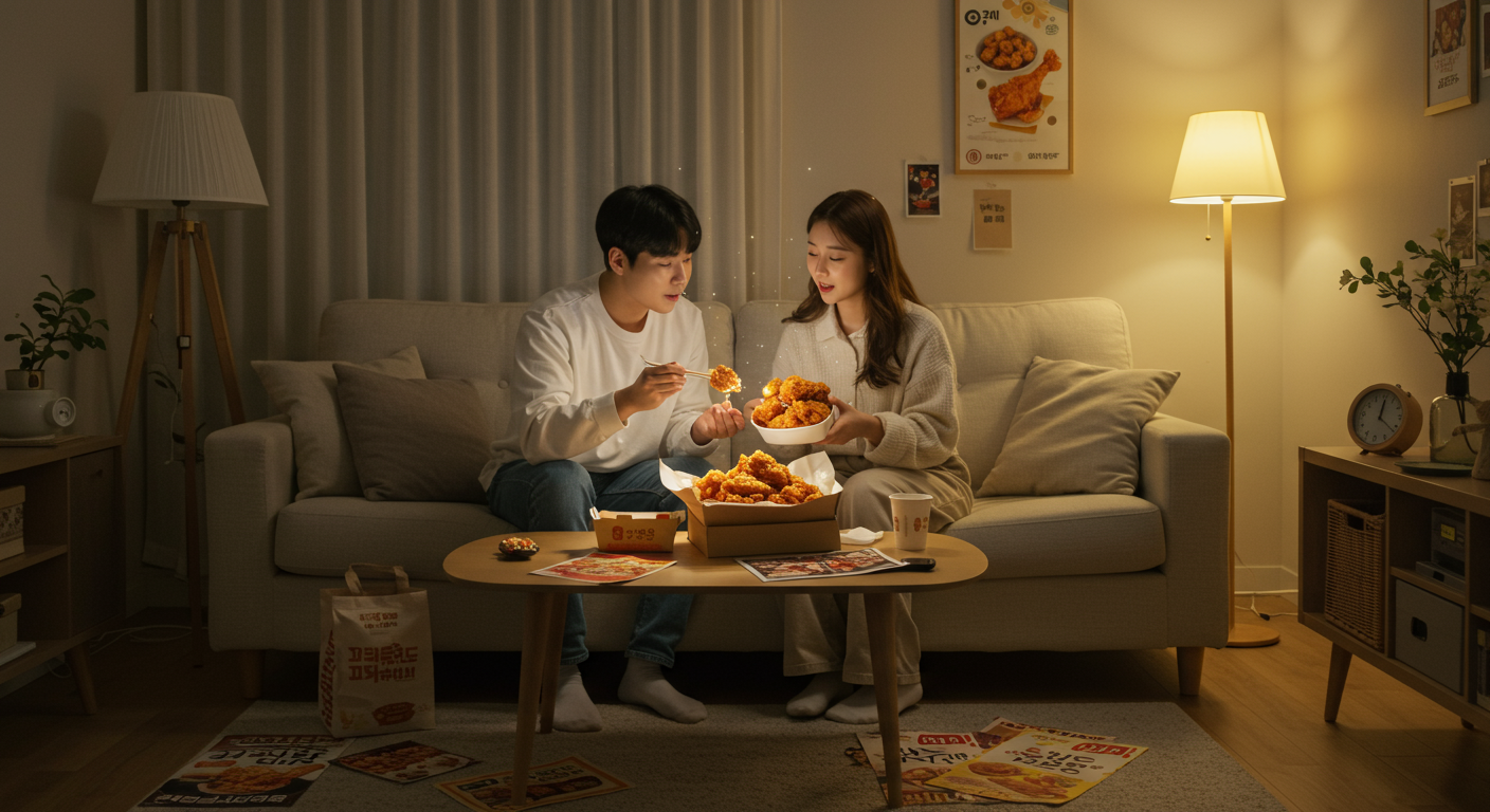 아파트 거실에서 커플이 태블릿으로 메뉴를 보며 치킨을 즐기는 모습