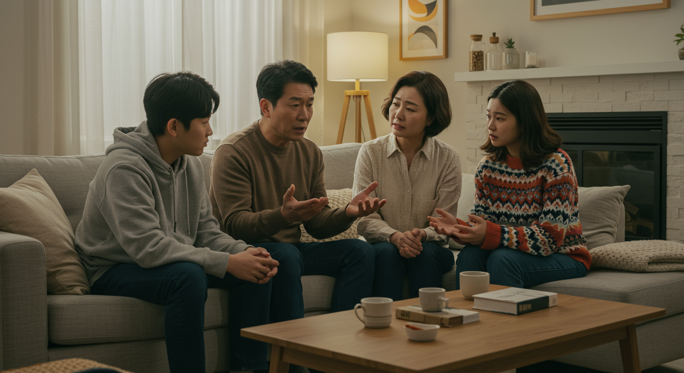 가족이 거실에서 독감 예방을 위해 대화하는 모습