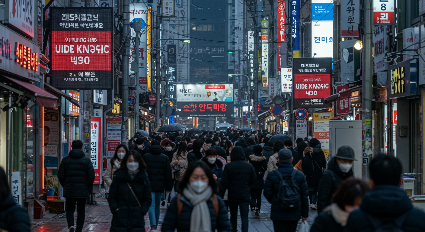 마스크를 쓴 사람들이 있는 바쁜 거리와 보건 경고가 표시된 전광판