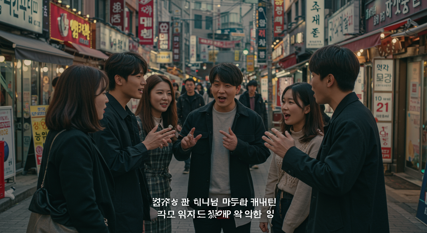 서울 거리에서 힙합 문화에 대해 이야기하는 젊은이들