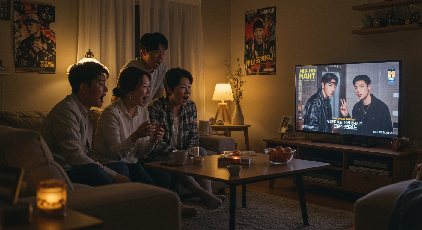 인기 힙합 리얼리티 쇼를 보며 문화 트렌드를 논의하는 가정 내 시청자들