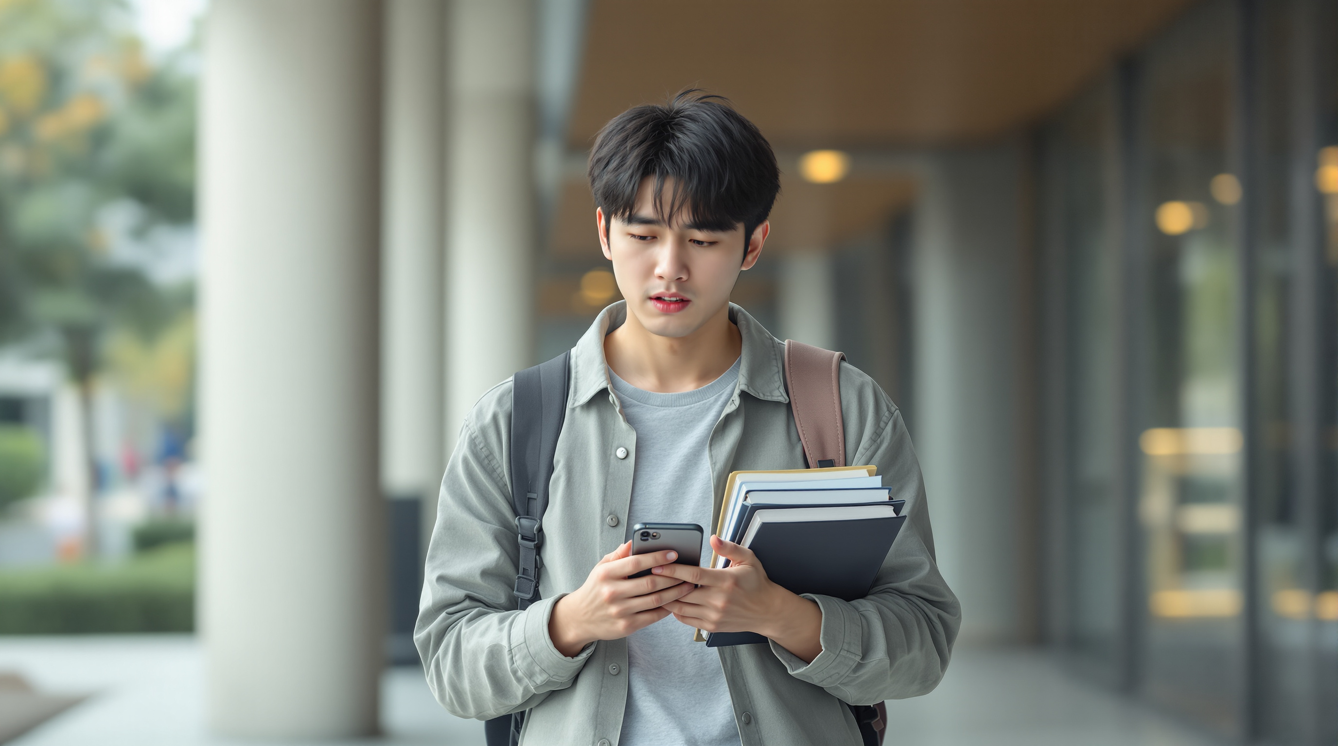 대학 캠퍼스에서 교재와 스마트폰을 들고 걱정하는 남학생 모습