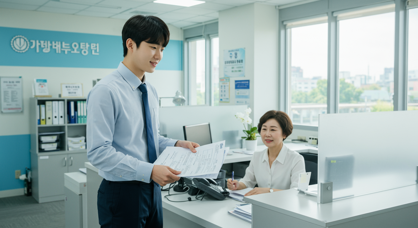 대학 행정실에서 서류를 제출하는 자신감 있는 젊은 남성