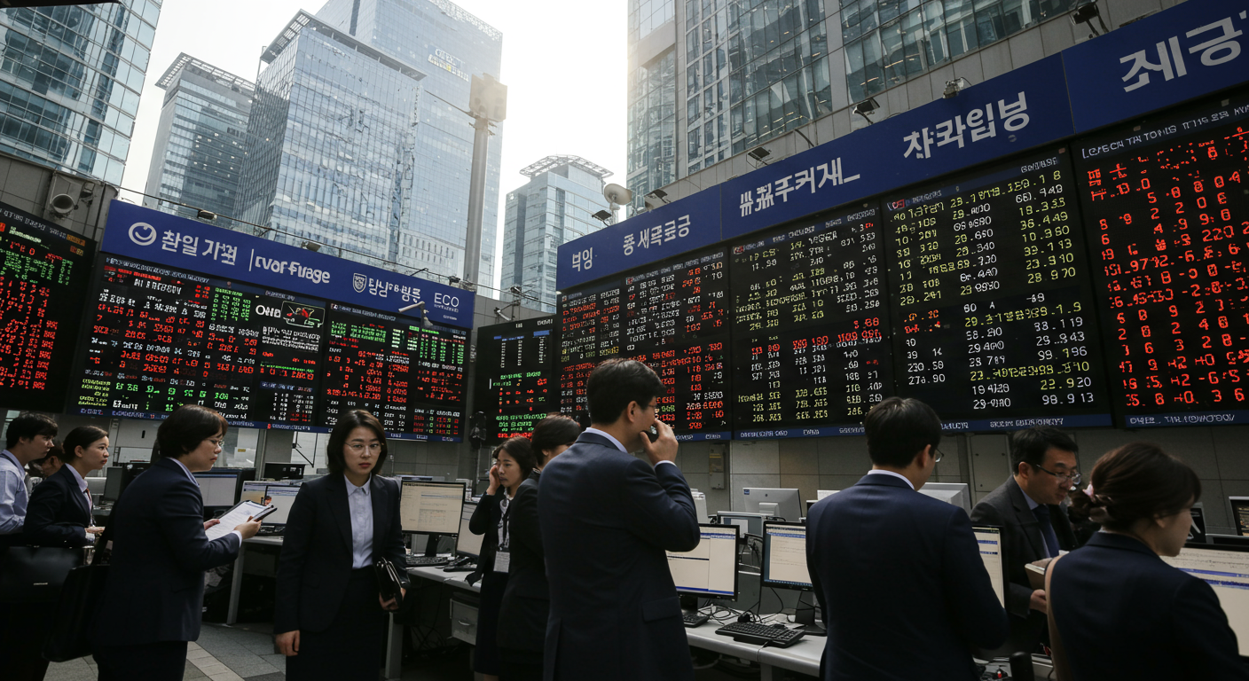 서울 금융 지구에서 전광판에 표시된 환율과 이를 바라보는 직장인들의 모습