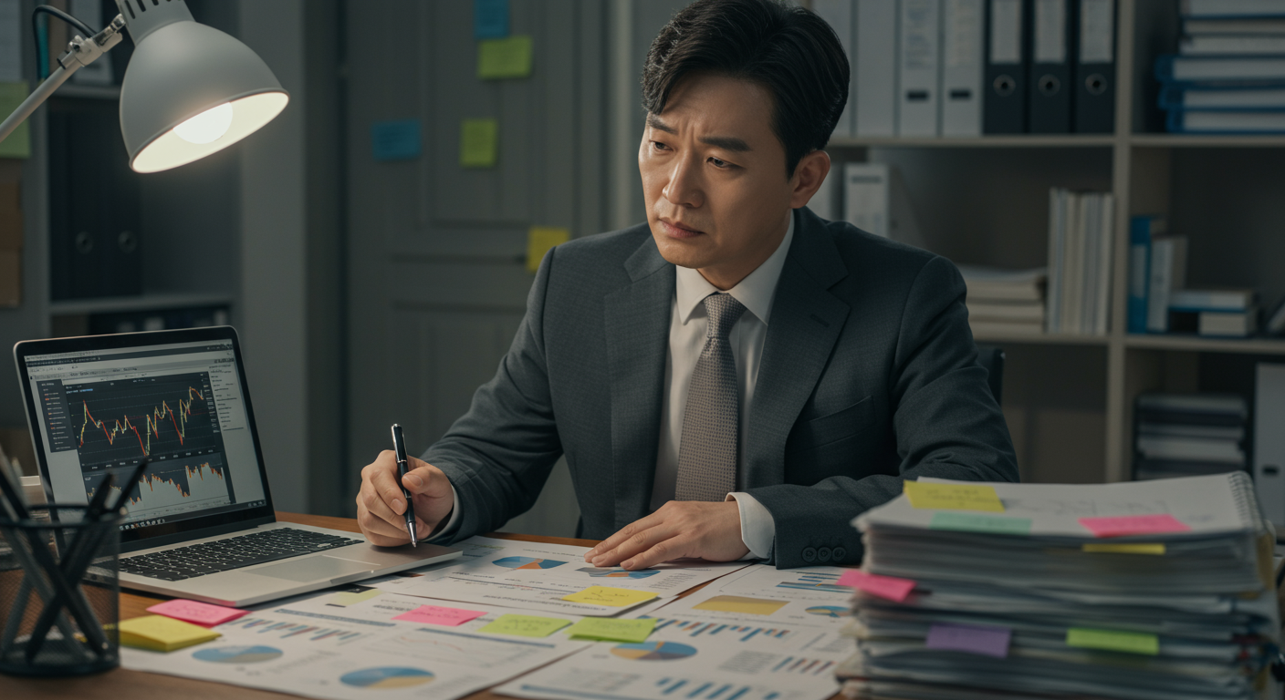 경제학자가 물가 보고서를 검토하는 모습과 책상 위 자료들