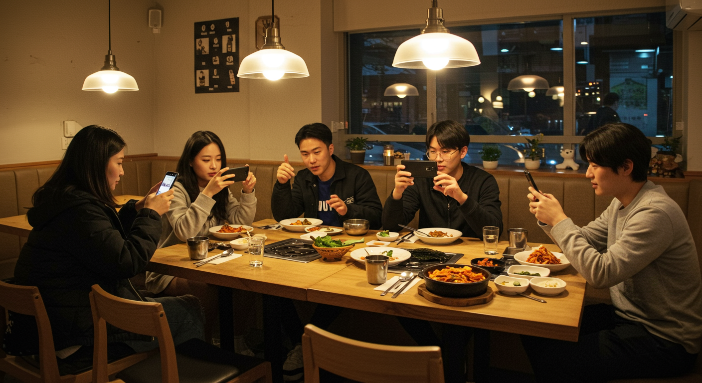 트렌디한 레스토랑에서 사진 찍는 젊은 세대