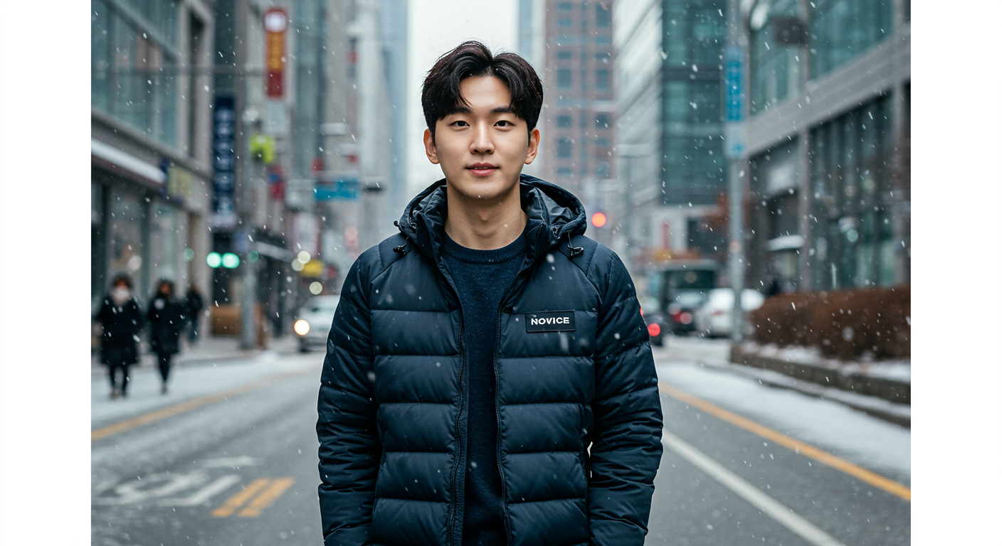 현대 서울의 겨울 거리에서 세련된 노비스 패딩을 입고 걷고 있는 직장인의 모습