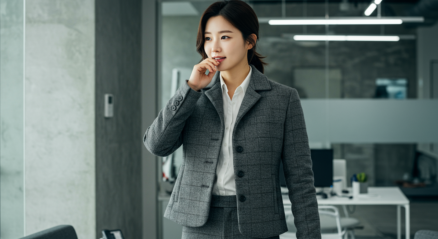 헤링본 원단으로 클래식 슈트처럼 보이는 노비스 패딩을 입고 있는 여성 비즈니스맨