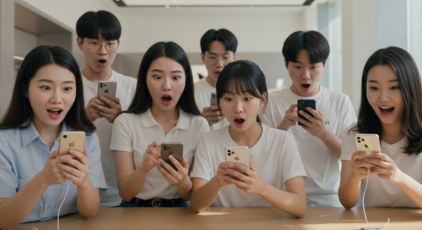 한국 사용자들이 새로운 아이폰 통화녹음 기능에 놀라고 궁금해하는 모습