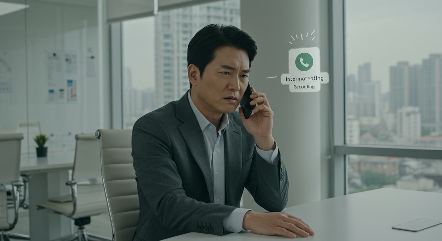 비즈니스 전화 중 자동 녹음 안내로 인해 당혹스러워하는 한국 직장인의 모습