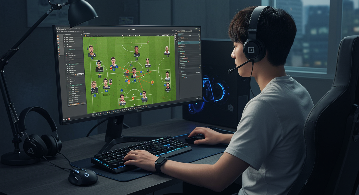 FM2020을 플레이하며 게임 화면에 집중하고 있는 한국 게이머