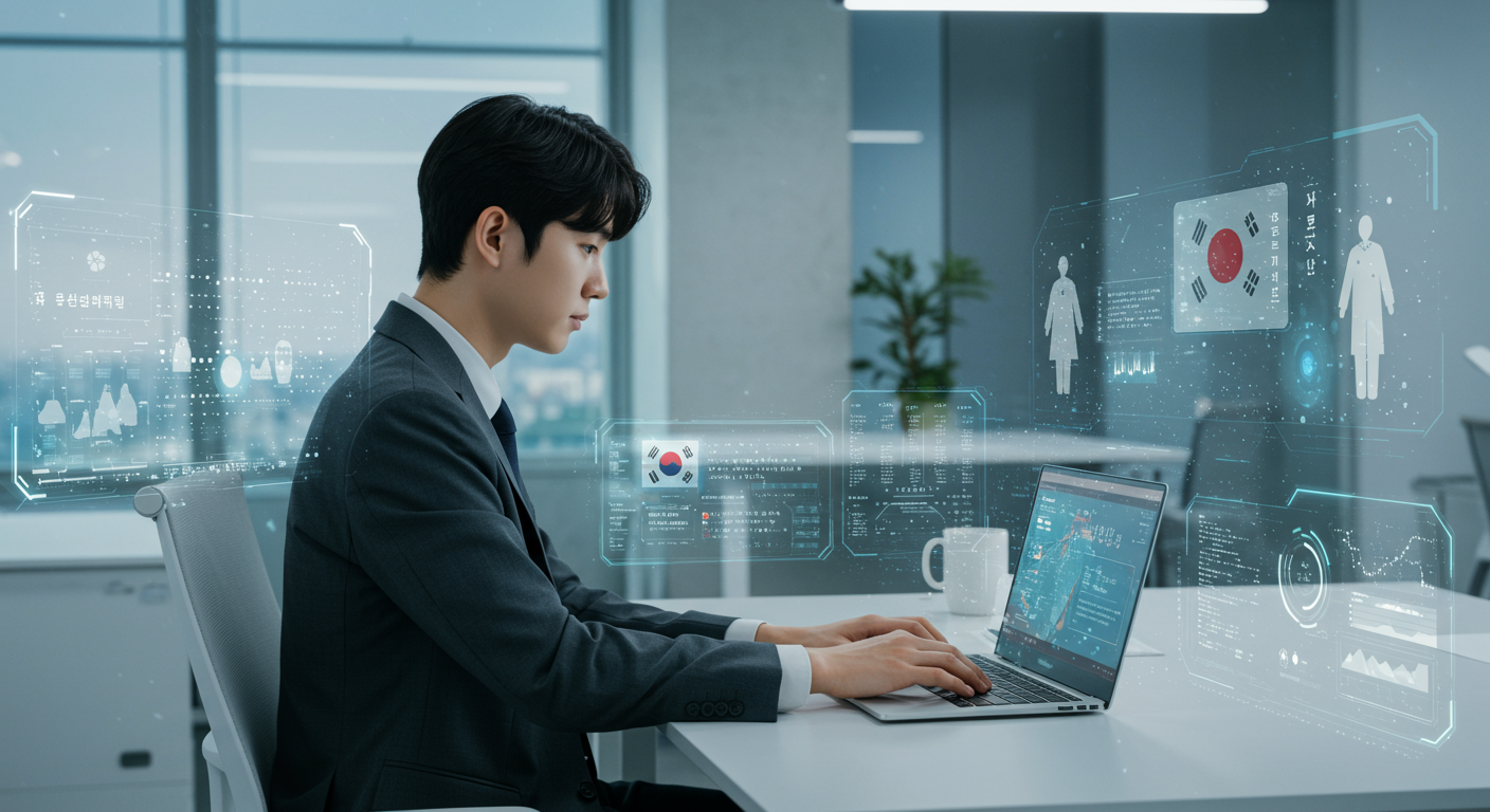 첨단 AI 번역 도구로 일본어를 번역하는 한국의 현대 사무실 풍경