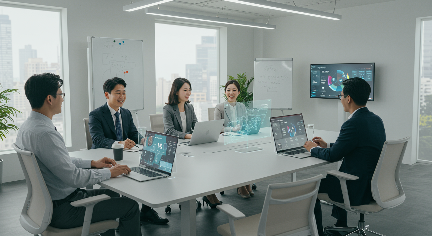 Transync AI를 사용하여 실시간 음성 번역을 하는 비즈니스 회의 장면
