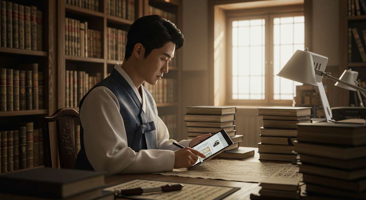 DeepL Pro로 복잡한 문서를 번역하는 학자의 모습과 학술적인 분위기