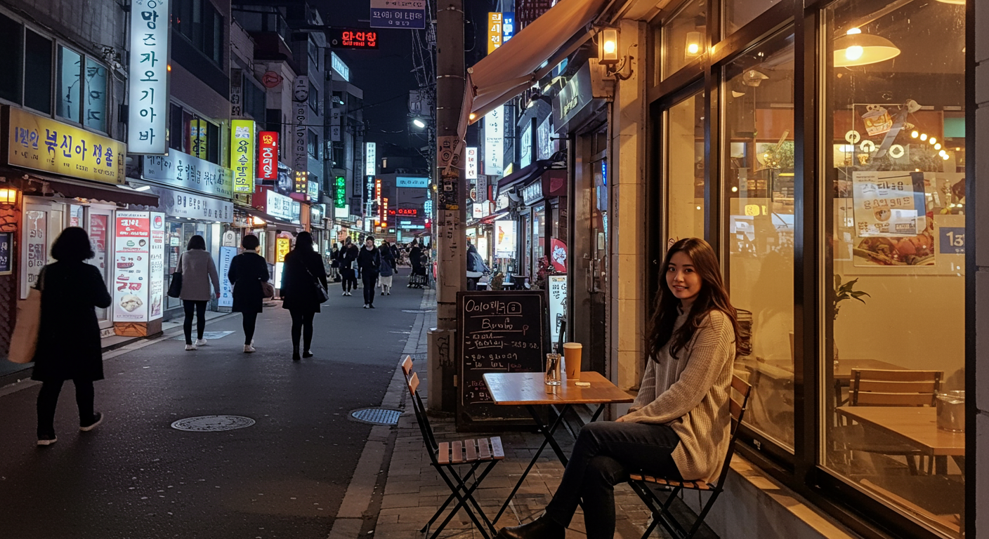 번화한 도시 거리와 카페에서 혼자 여유를 즐기는 젊은 여성