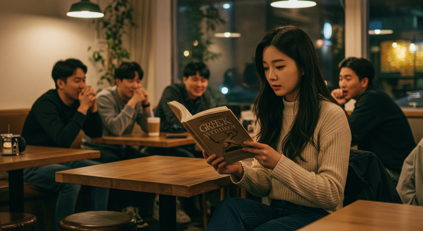 현대 카페에서 그리스 신화 책을 읽고 있는 여성이 친구들과 토론하는 장면