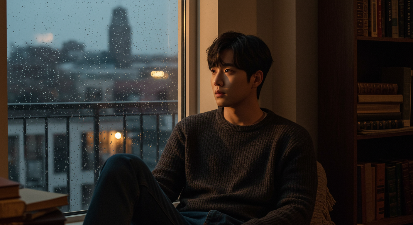 창밖에 비가 오는 날 창가에 앉아 아폴론과 에로스 이야기를 생각하는 젊은 남성
