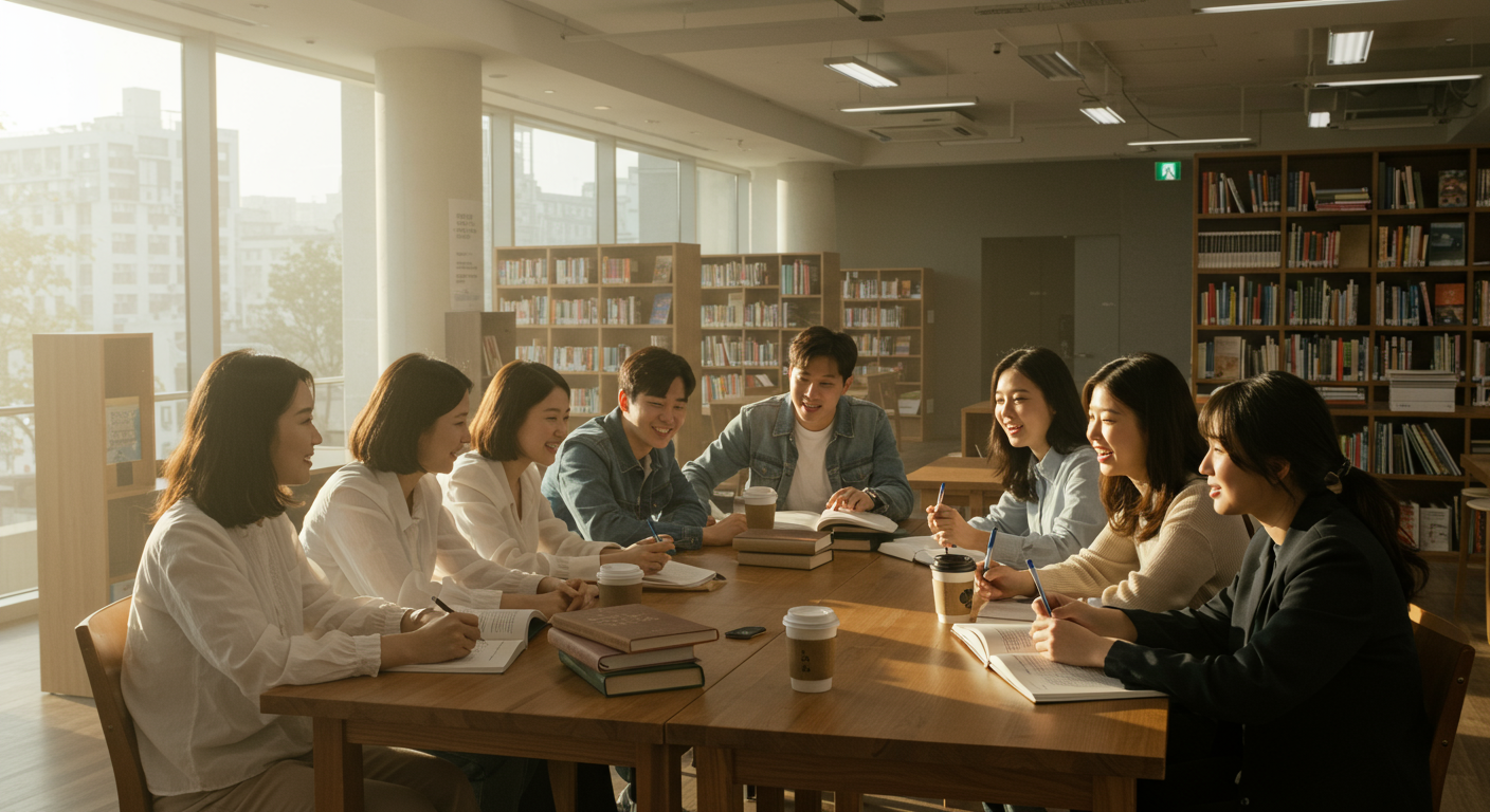 도시 도서관에서 그리스 신화의 현대적 개작을 논하는 학생들