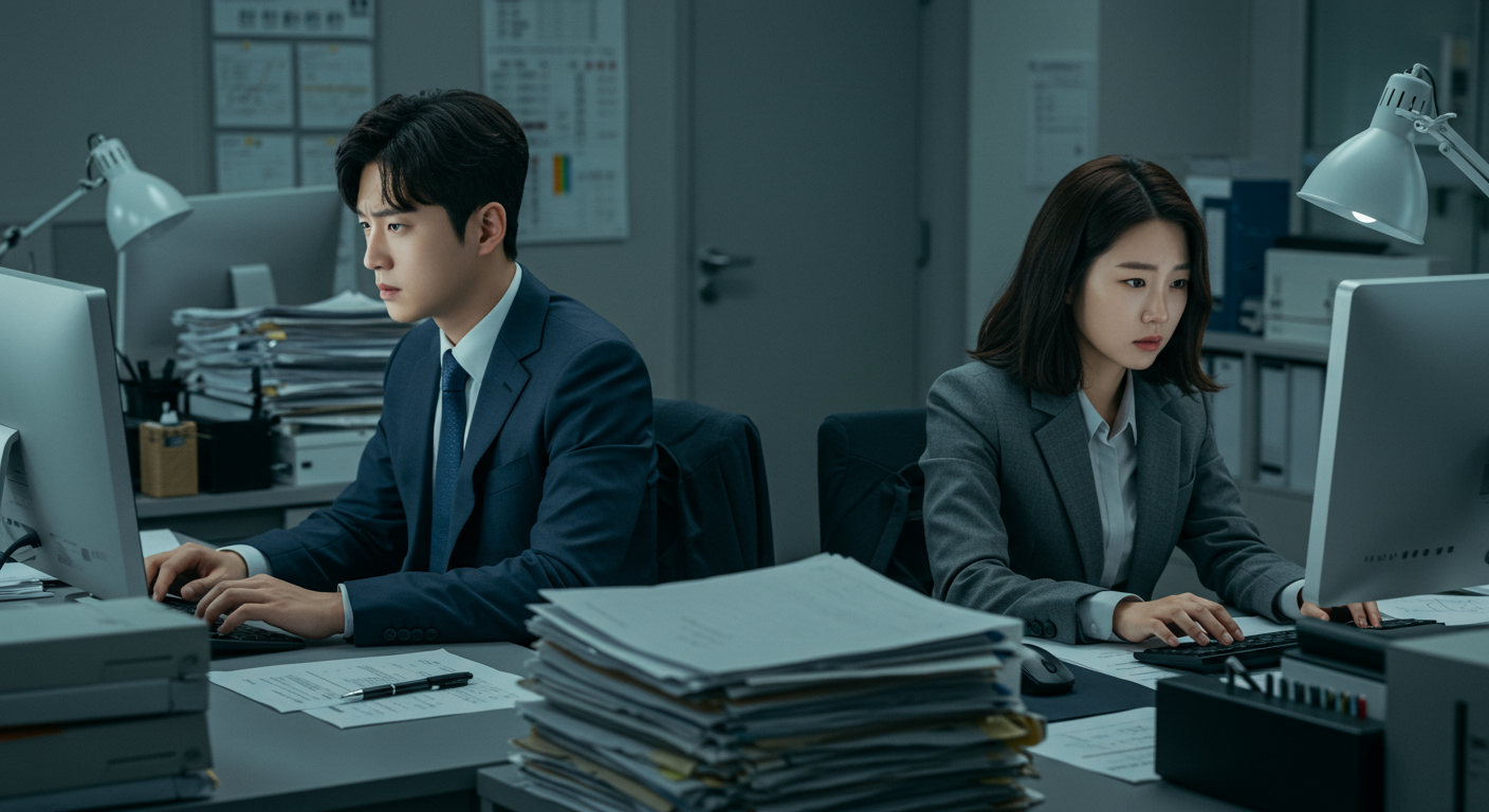 업무 책상에서 컴퓨터와 서류로 스트레스를 받는 젊은 직장인들의 모습
