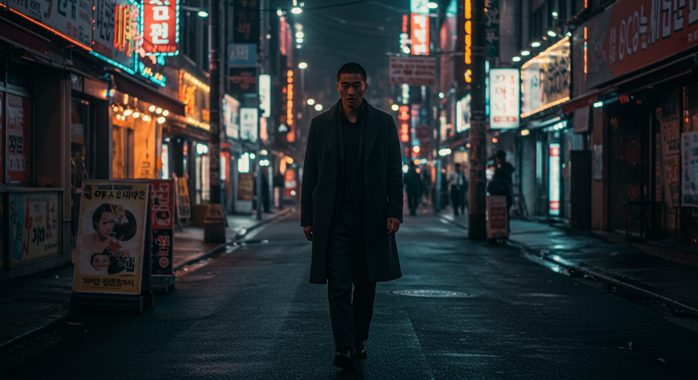 밤 도시에 걸으며 삶을 돌아보는 한 남자의 모습
