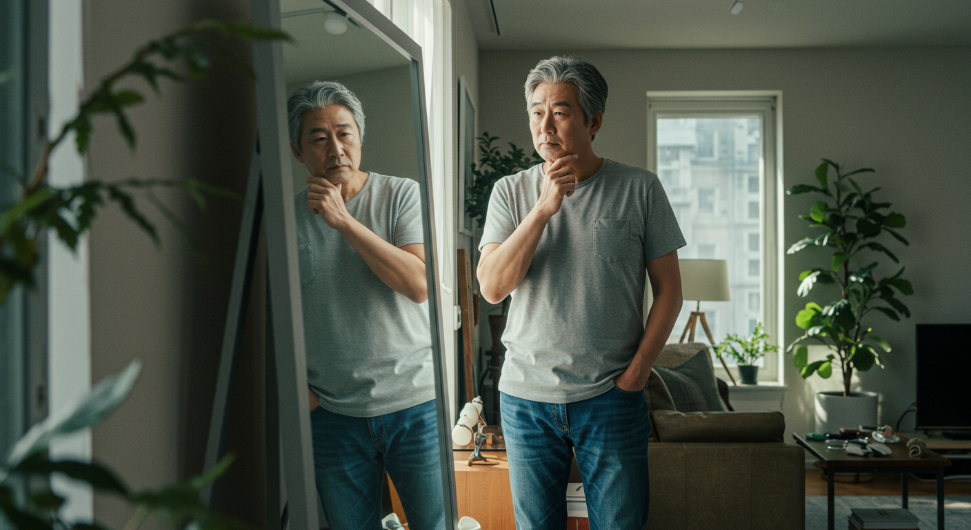 중년 남성이 거울을 보며 자신을 돌아보는 모습