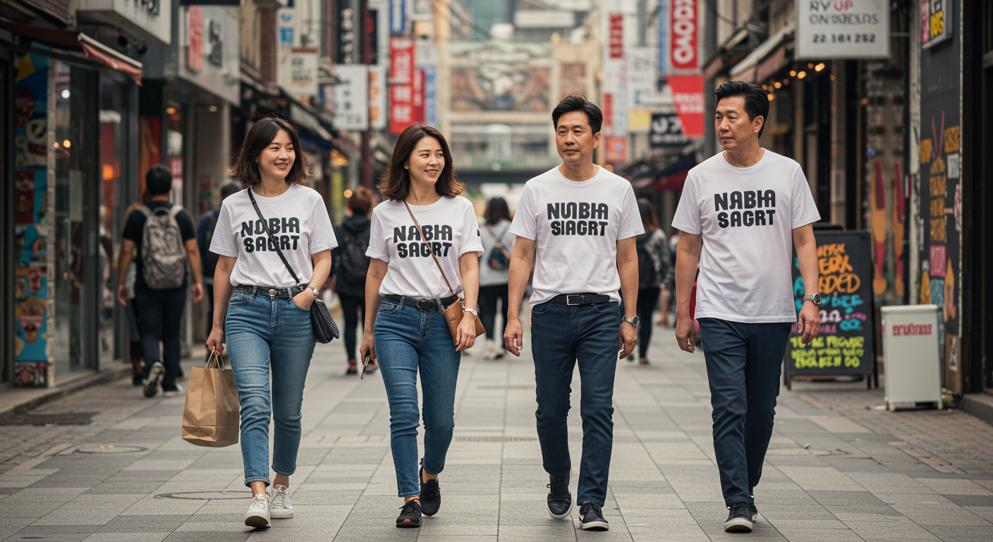 현대적인 패션을 입고 트렌디한 거리에서 걷고 있는 40대 한국인들