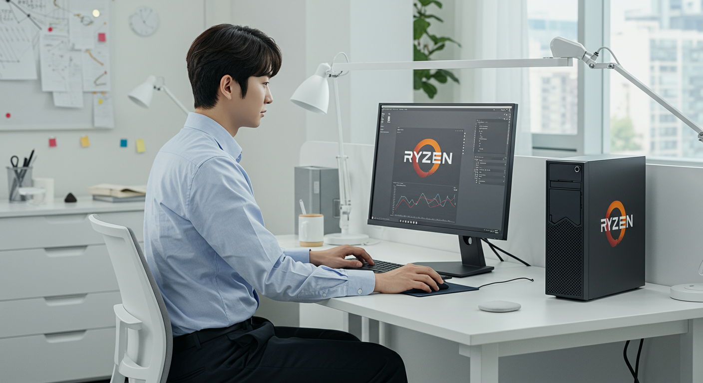 조용한 작업 공간에서 라이젠5 데스크탑으로 업무를 보는 직장인