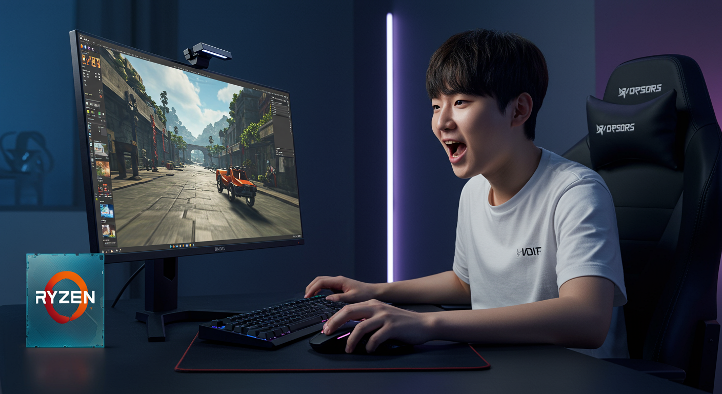 고성능의 라이젠5와 RTX5060 시스템으로 게임에 몰입한 게이머