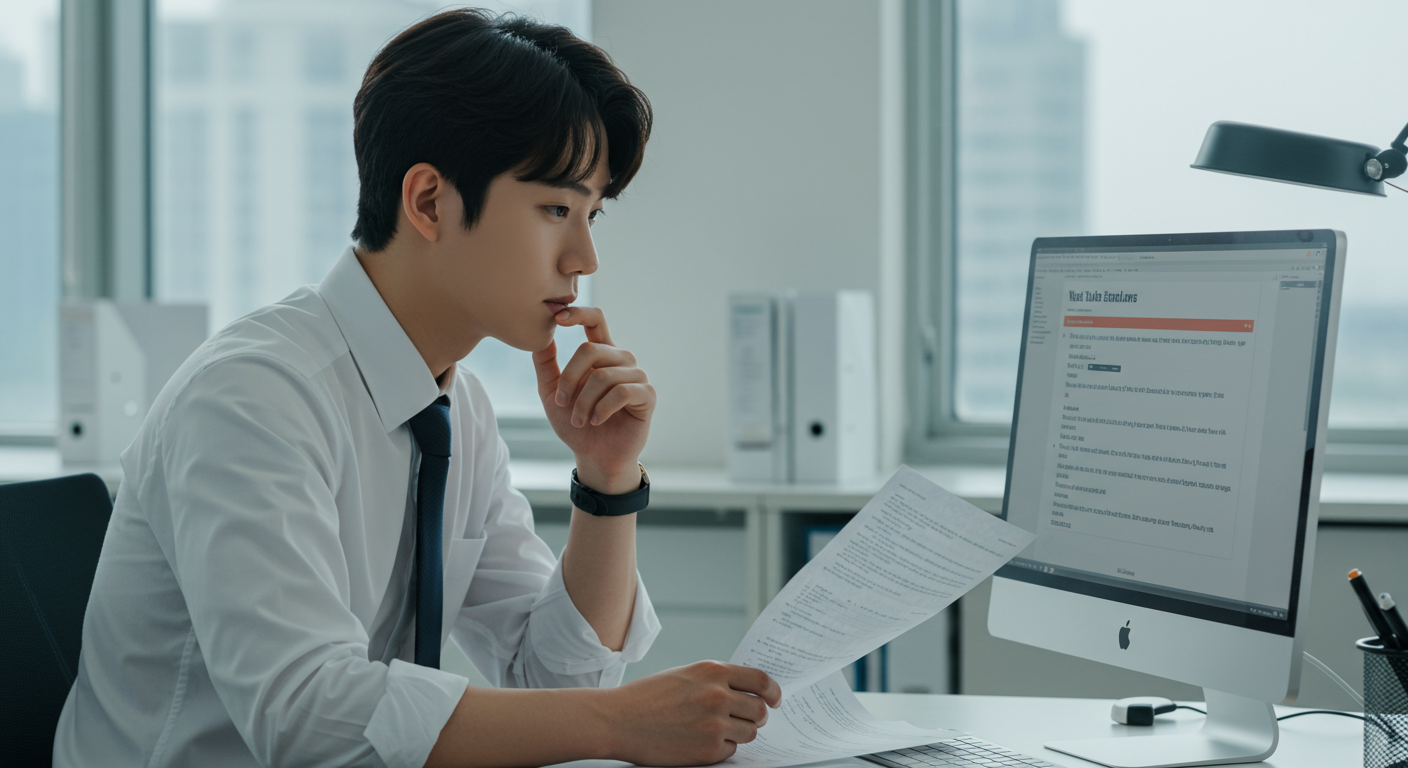 컴퓨터 화면에 유튜브 음원추출 관련 법률 문서를 검토하는 젊은 사무직원의 모습