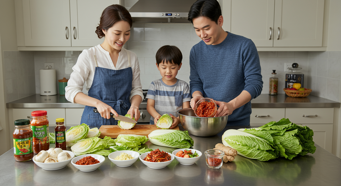 현대적인 주방에서 가족이 김장을 준비하는 모습