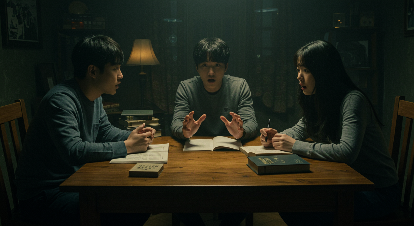 젊은 성인들이 어두운 방에서 외계인 음모론을 토론하며 궁금증과 호기심을 보이는 모습