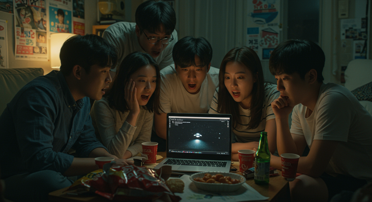 노트북 앞에 모여 UFO 목격 영상을 시청하는 한국 청년들
