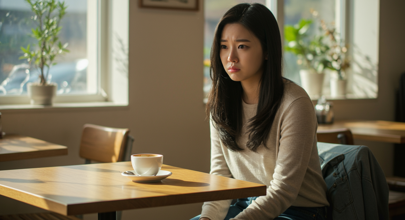 카페에서 홀로 앉아 미래에 대해 고민하는 젊은 여성