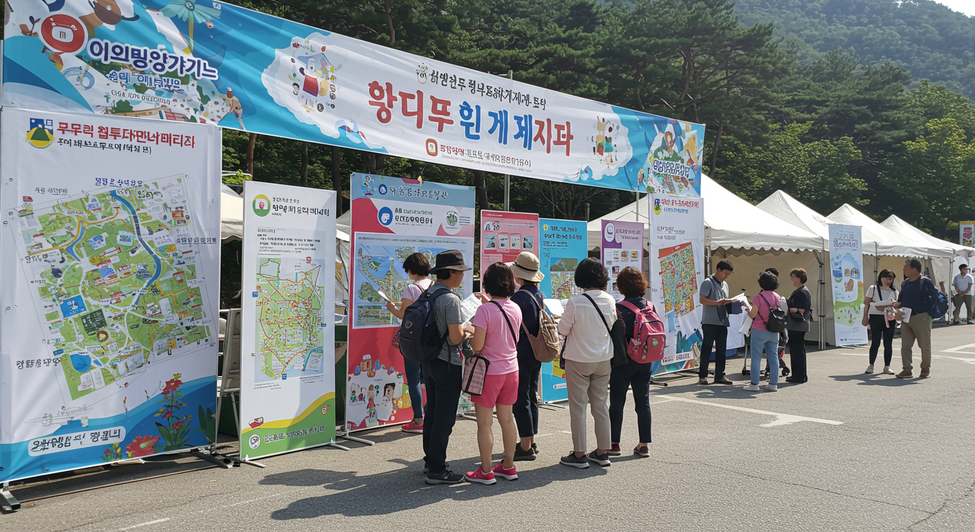축제장 입구에서 지도를 확인하는 방문객들과 정보 부스