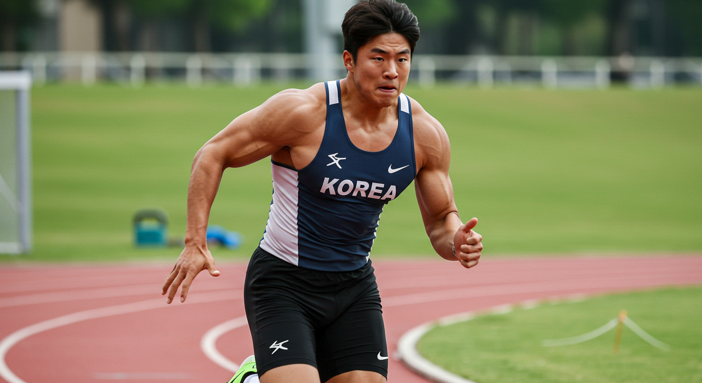 트랙 필드 위에서 역동적으로 달리는 폭발적인 힘을 가진 선수