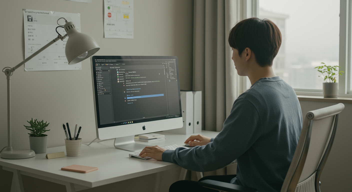 현대적인 홈오피스에서 윈도우 컴퓨터에 글립스를 설치하는 장면